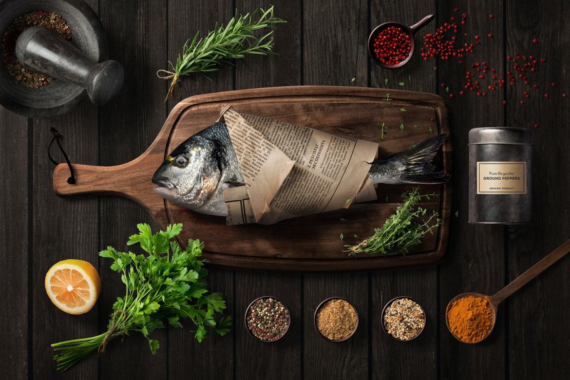 Fish on a Cooking Board Mockup Scene
