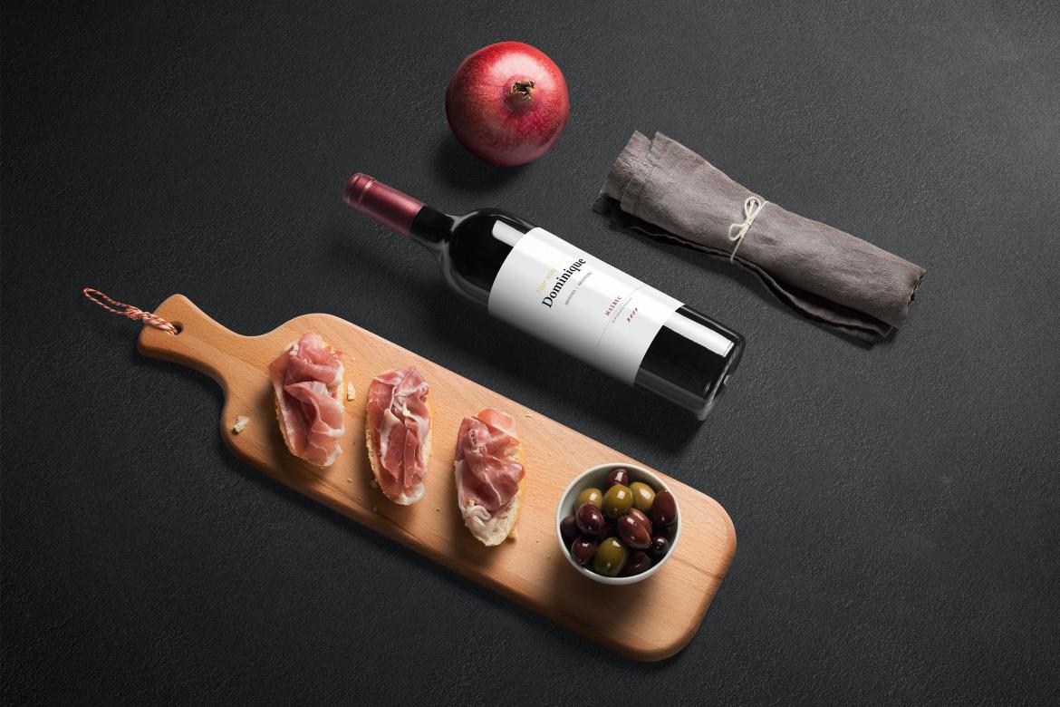 Red Wine Bottle Mockup and Snacks Scene 02