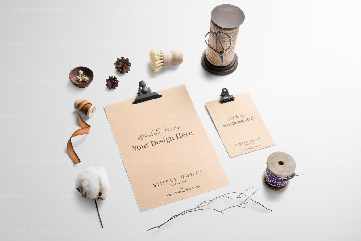Letterhead and Card Mockup and Decor Scene 05