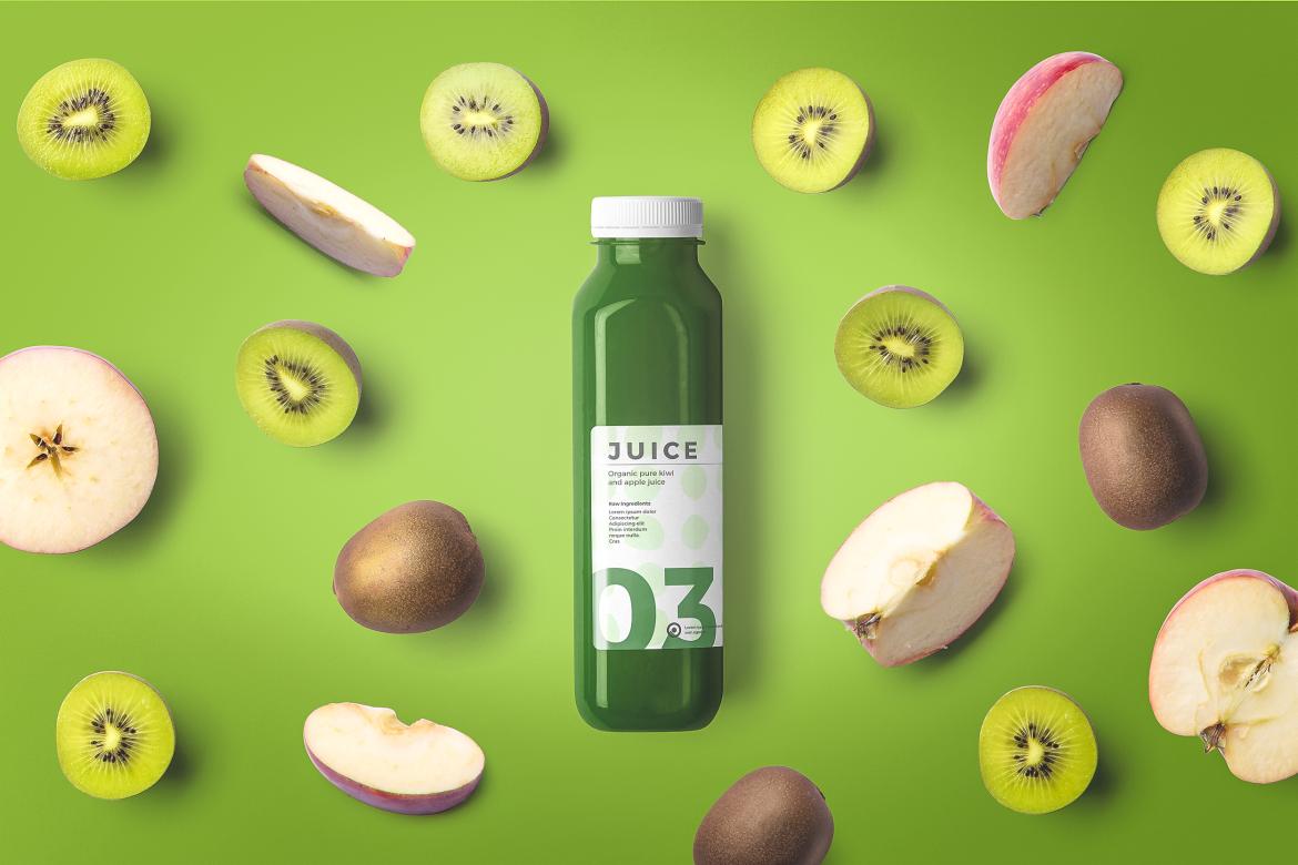 Green Juice Bottle Mockup Top View Scene 02