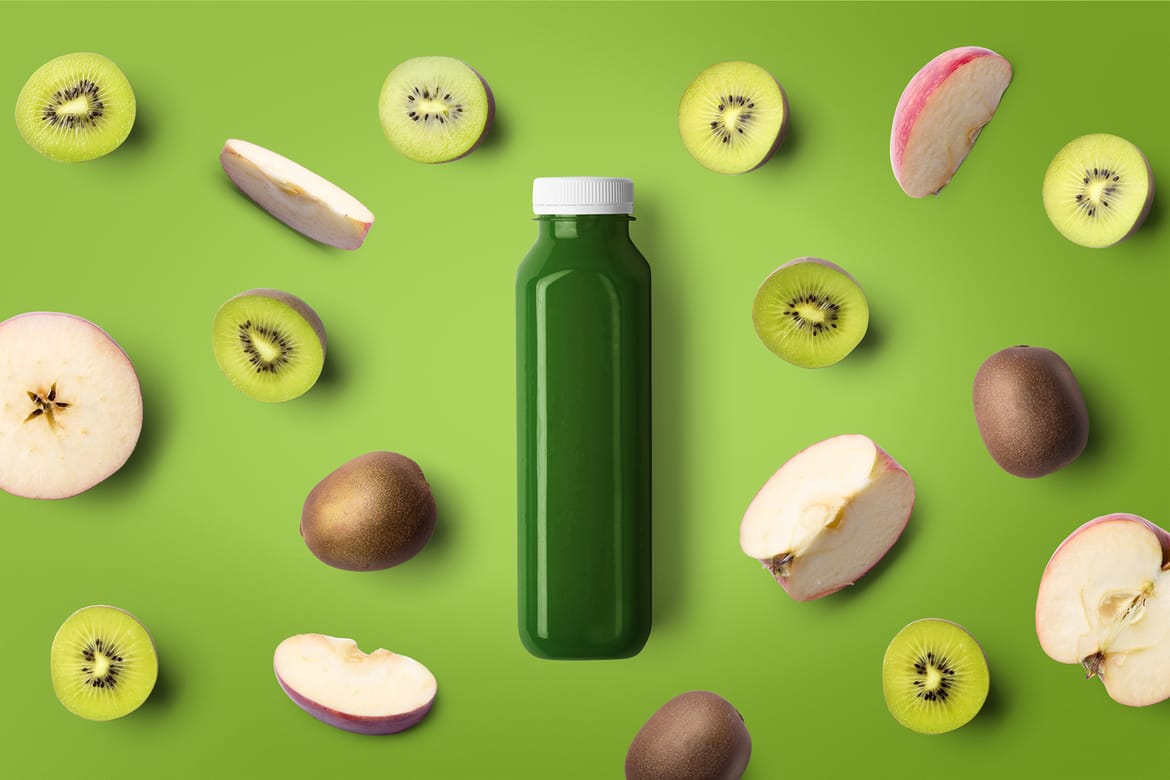 Green Juice Bottle Mockup Top View Scene 02