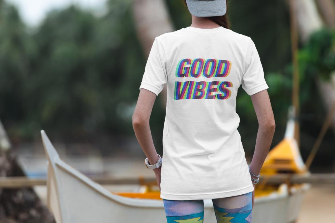 T-Shirt Mockup Female Model Vacation Scene 03
