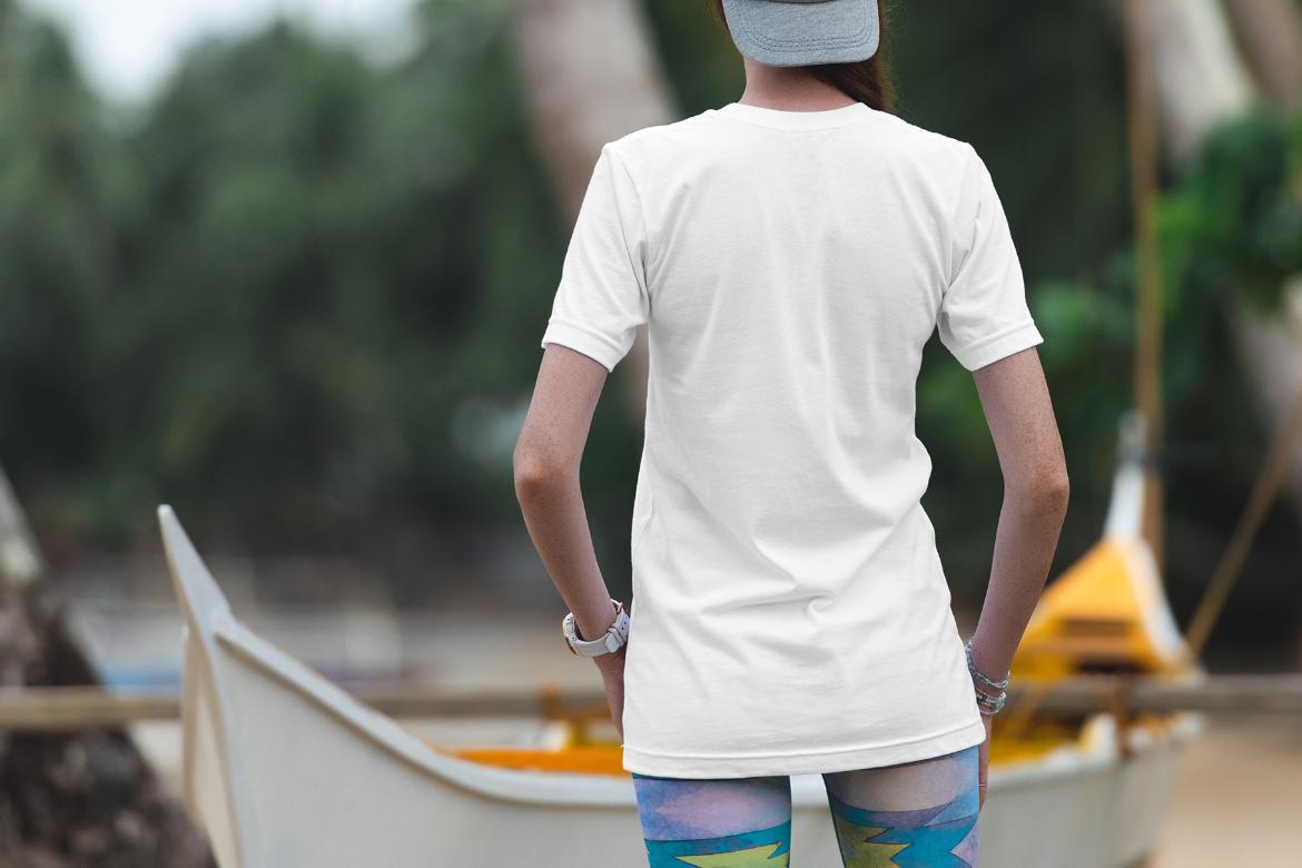 T-Shirt Mockup Female Model Vacation Scene 03