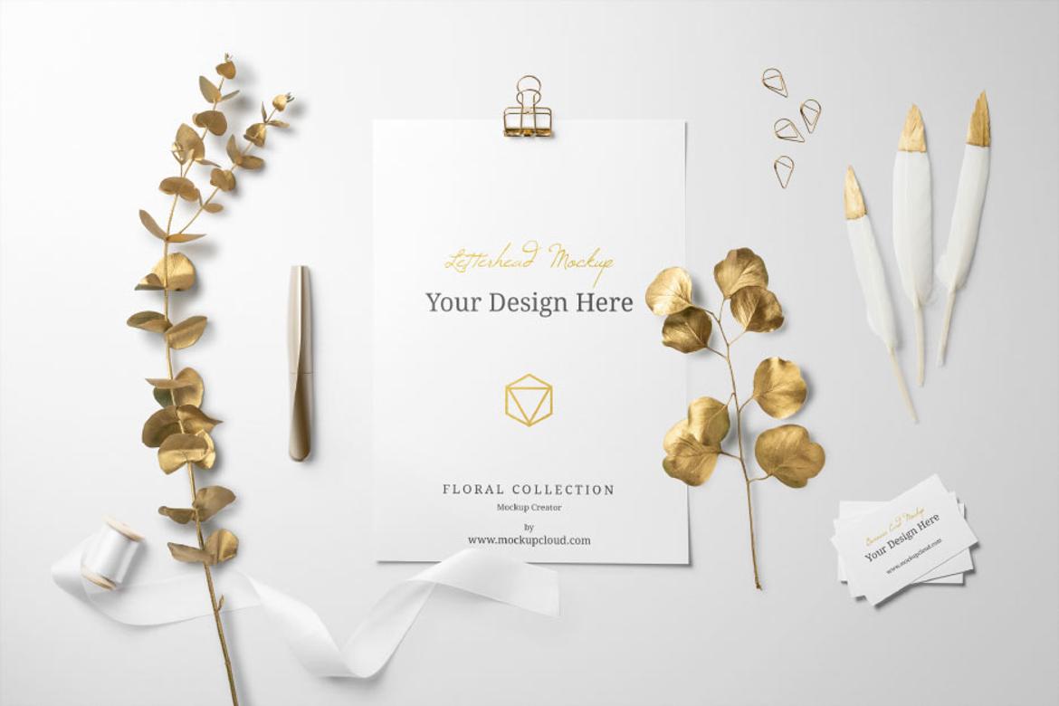 Paper Cards Painted Plants Branding Mockup Scene 02