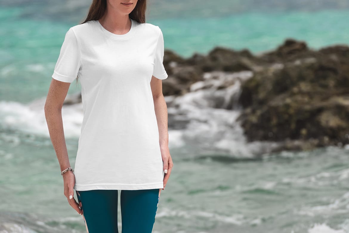 T-Shirt Mockup Female Model Vacation Scene 10