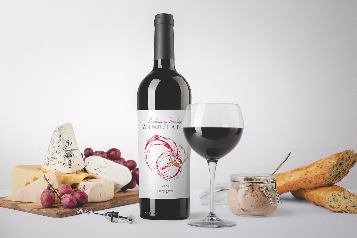 Wine Bottle and Food Mockup Front View Scene 04