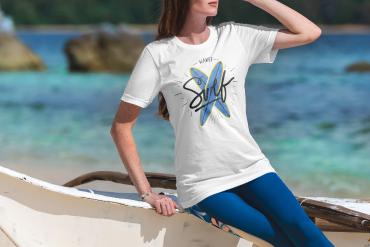 T-Shirt Mockup Female Model Vacation Scene 16