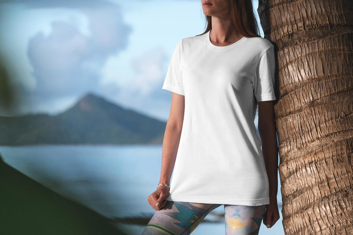 T-Shirt Mockup Female Model Vacation Scene 24