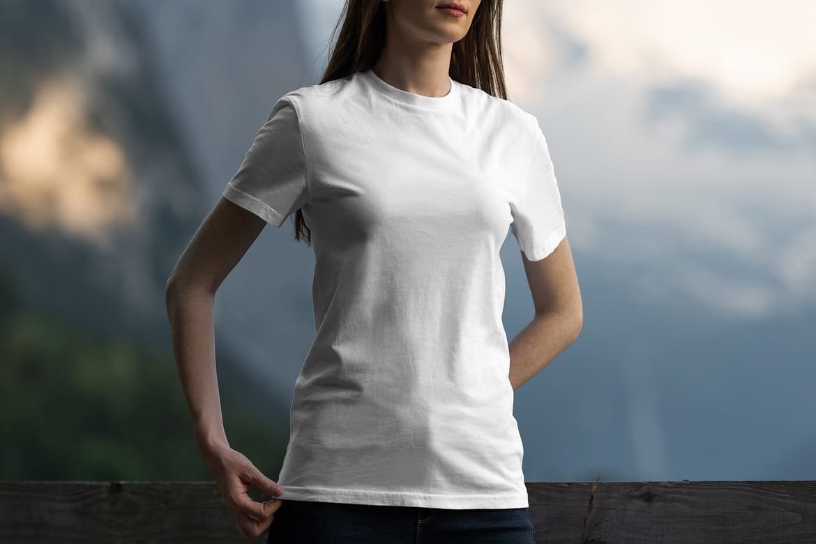 T-Shirt Mockup Female Model Alpine Scene 11
