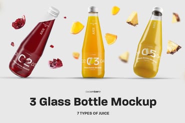  3 Mockup Glass Juice Bottle.  7 juice samples for each bottle
