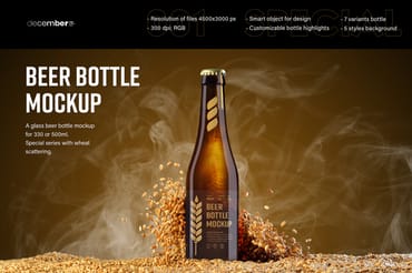 7 Mockups of Glass Beer Bottle With Flying Wheat