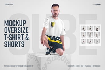10 Mockups Oversize T-shirt and Shorts Kit on the Cube