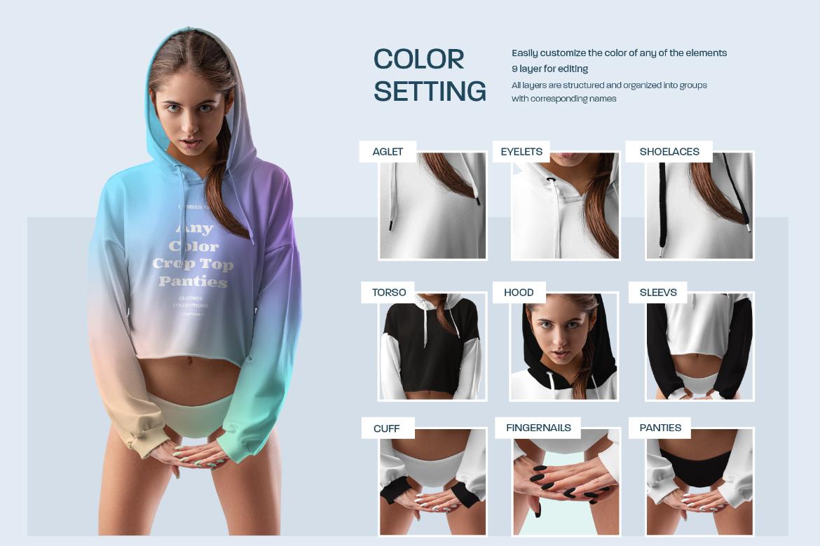 7 Mockups Woman Crop-Top Hoodie and Panties