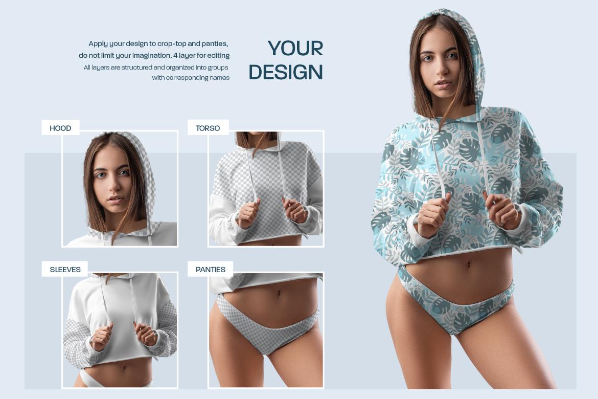 7 Mockups Woman Crop-Top Hoodie and Panties