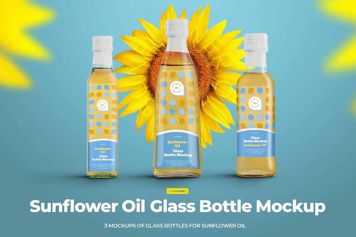 3 Mockups Glass Bottles Sunflower Oil