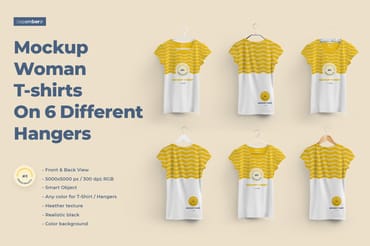 2 Mockups Woman T-shirts On 6 Different Hangers