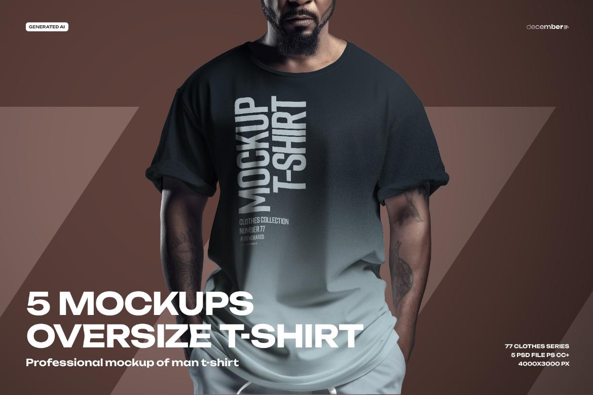 5 T-shirt Mockups on African American Man. Generated Ai