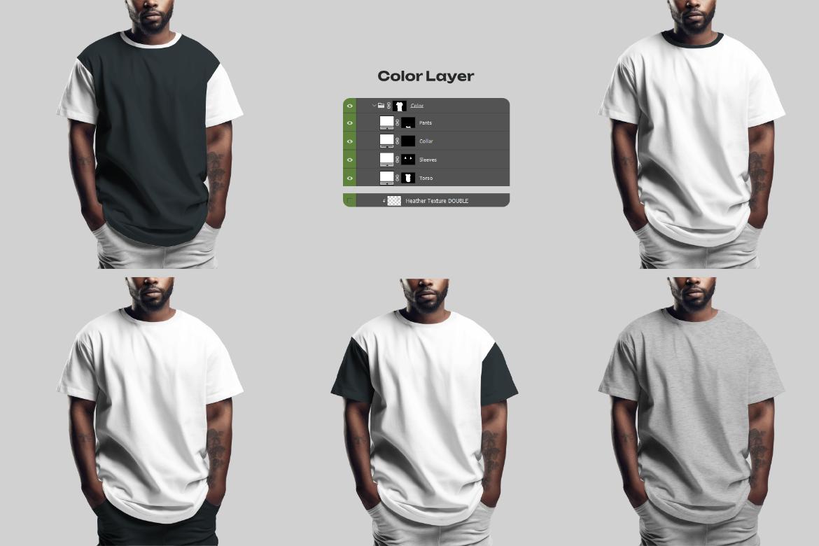 5 T-shirt Mockups on African American Man. Generated Ai