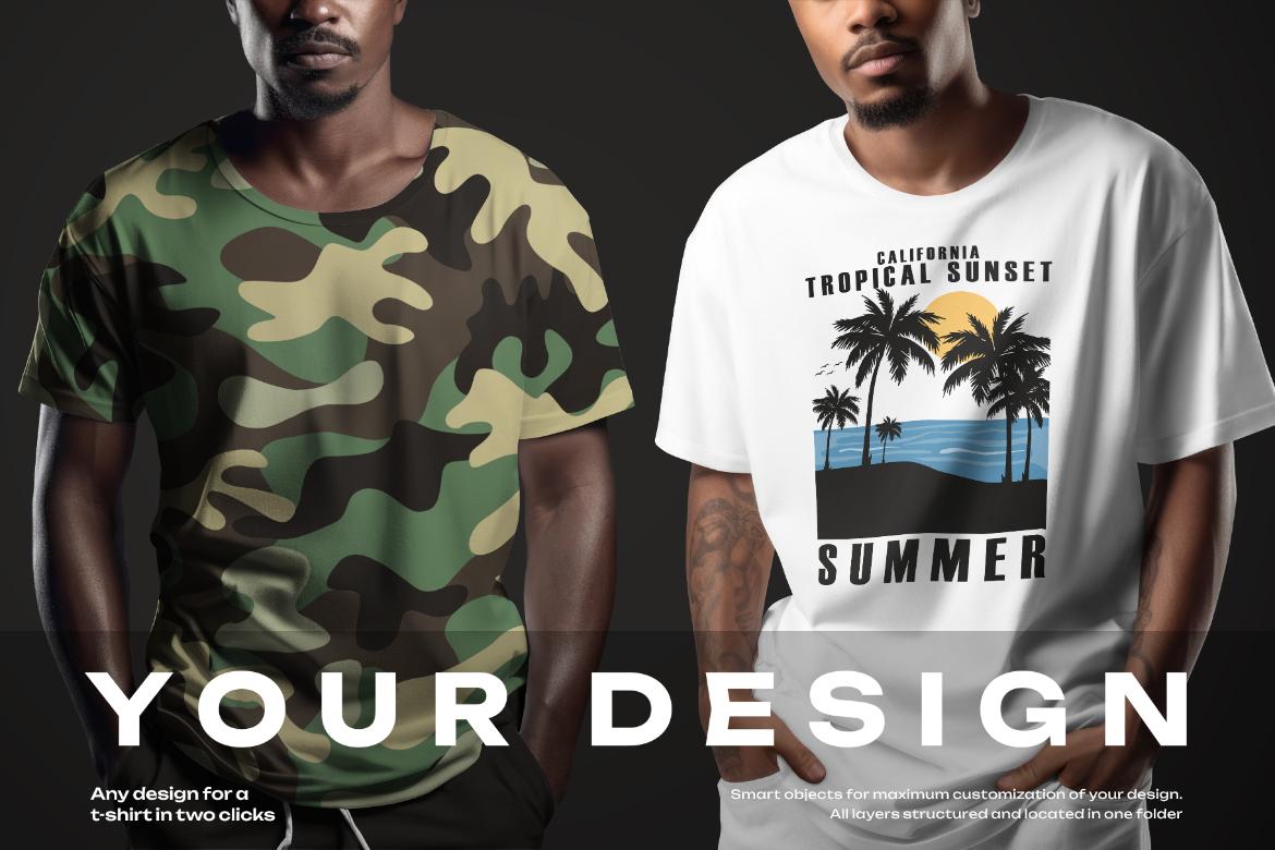 5 T-shirt Mockups on African American Man. Generated Ai