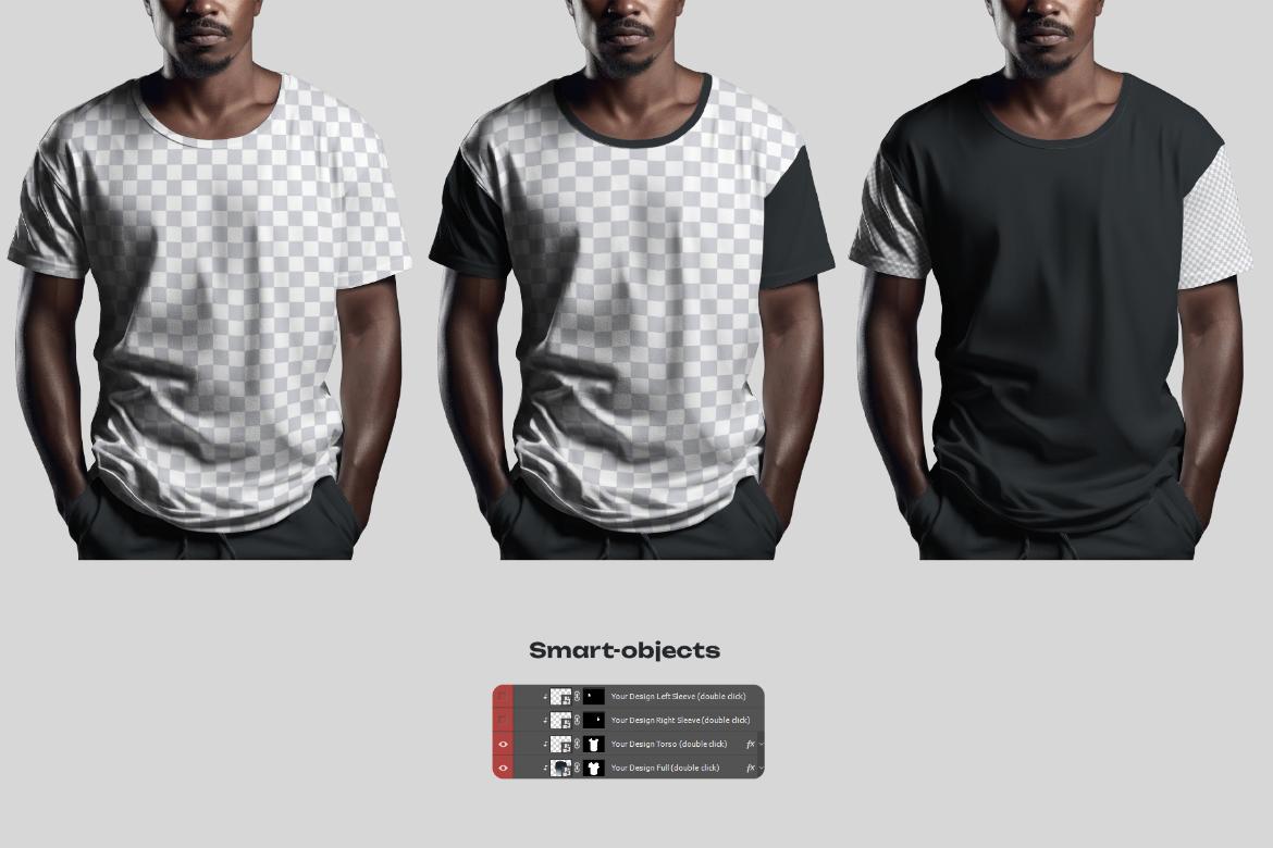 5 T-shirt Mockups on African American Man. Generated Ai