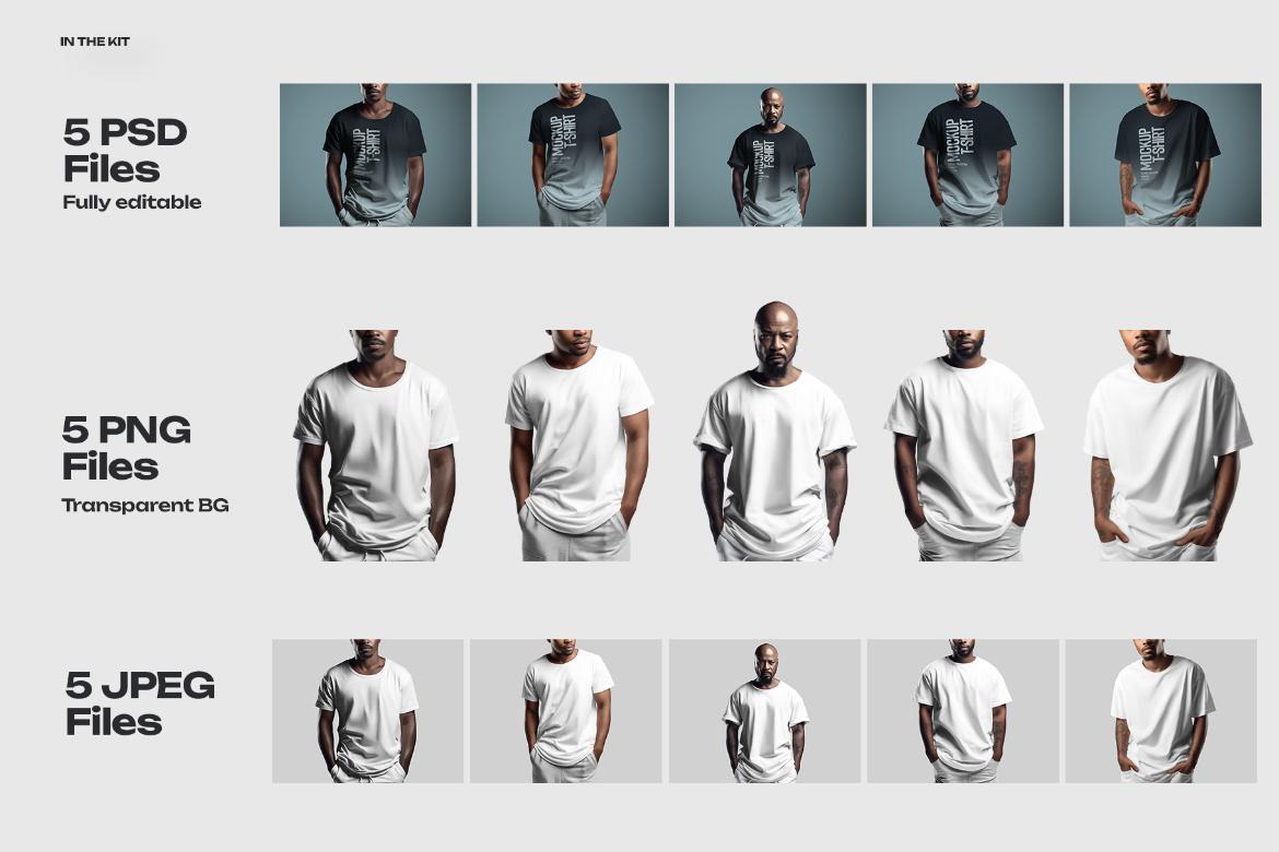5 T-shirt Mockups on African American Man. Generated Ai