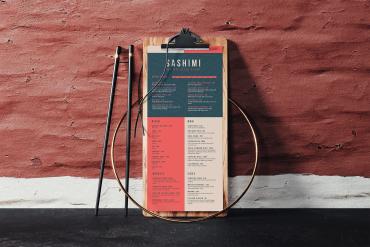 Wooden Clipboard Menu With Sushi Chopsticks Mockup