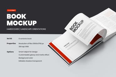  8 Book Mockups Hard Cover Landscape Oriantation. Set 2.