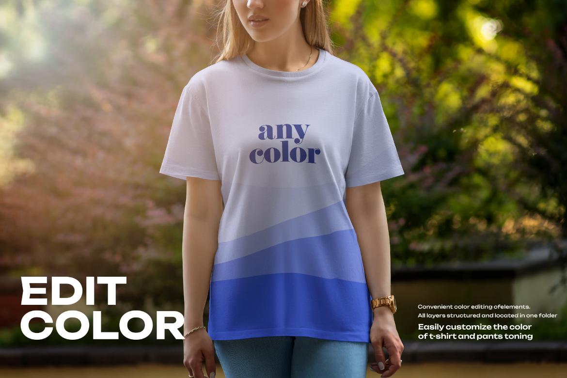 5 Mockups T-Shirt on a Girl Walking in the Park