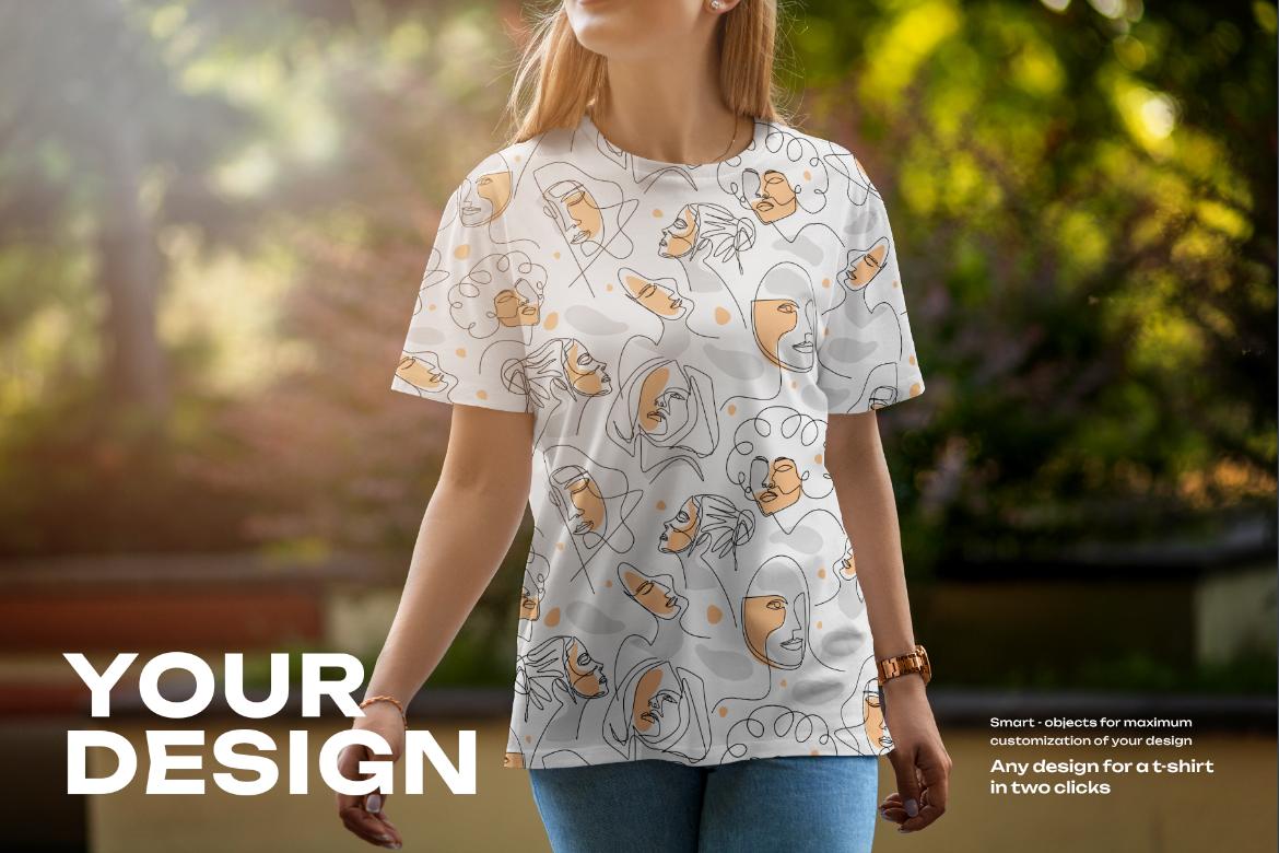 5 Mockups T-Shirt on a Girl Walking in the Park