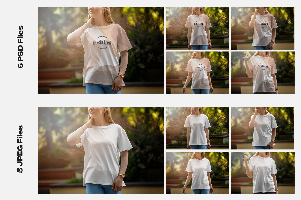 5 Mockups T-Shirt on a Girl Walking in the Park