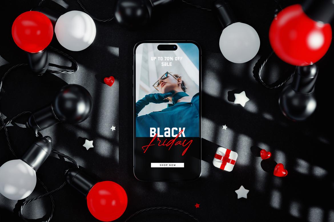 Phone Screen with String Lights Bulbs Black Scene Mockup
