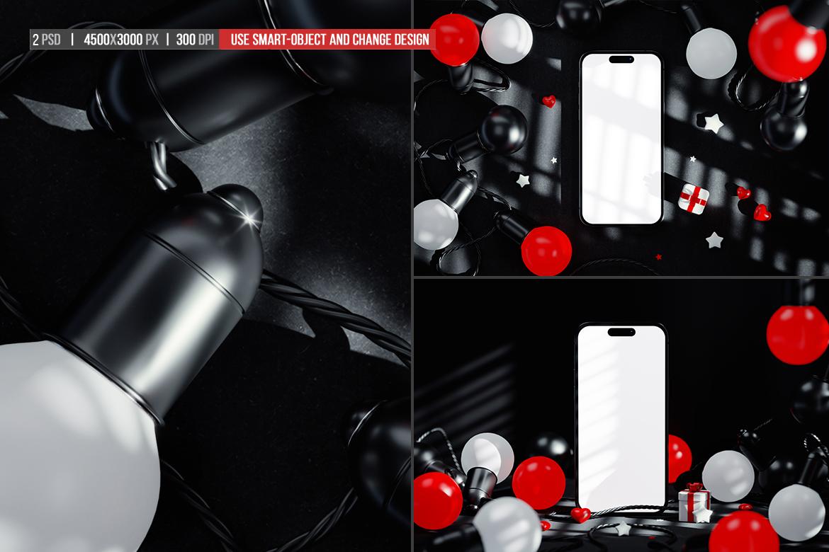 Phone Screen with String Lights Bulbs Black Scene Mockup