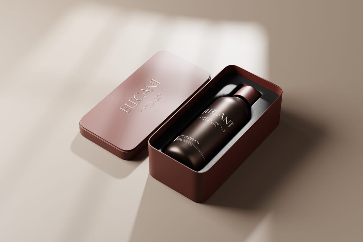 Metallic Box and Glass Bottle Packaging Mockups
