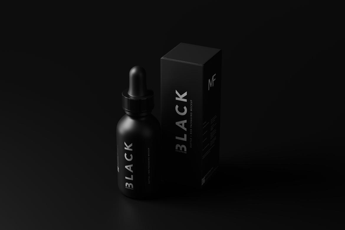 Black Dropper Bottle + Box Mockups
