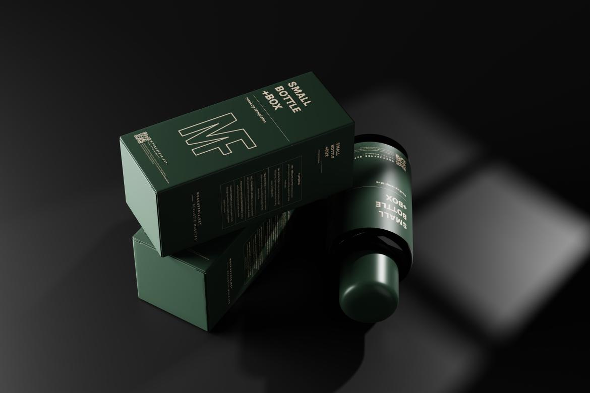 Small Liquid Bottle and Box Mockups
