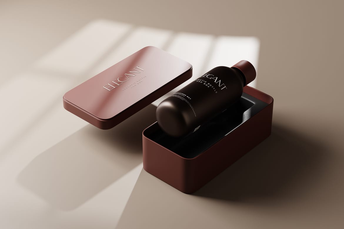 Metallic Box and Glass Bottle Packaging Mockups