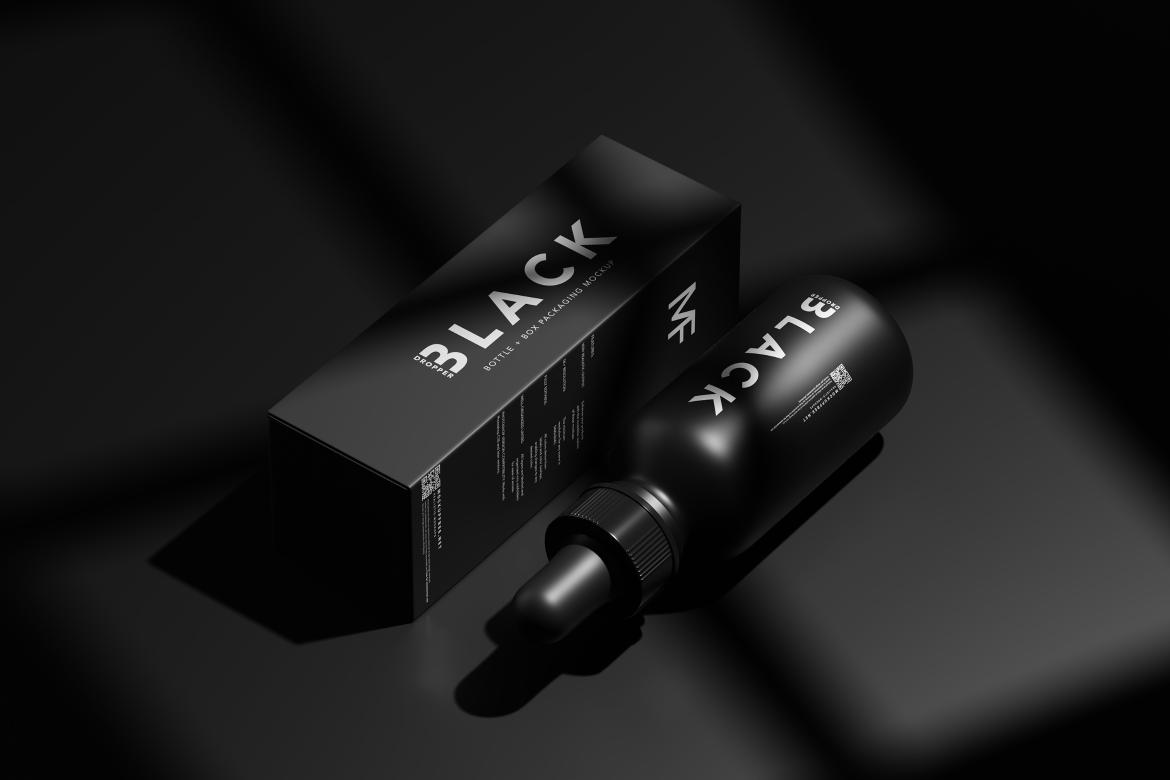 Black Dropper Bottle + Box Mockups