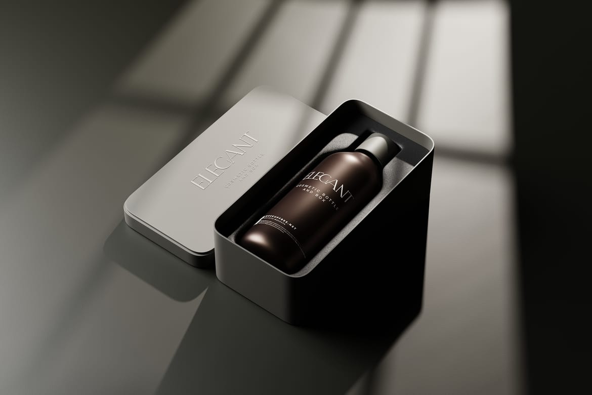 Metallic Box and Glass Bottle Packaging Mockups