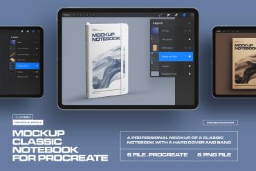 6 Mockups of Classic Notebook with Band and Hard Cover for Procreate