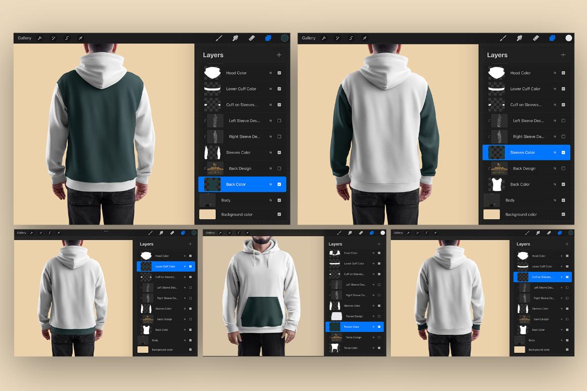 4 Mockups Oversize Hoodie. Front, Back and Side View for Procreate