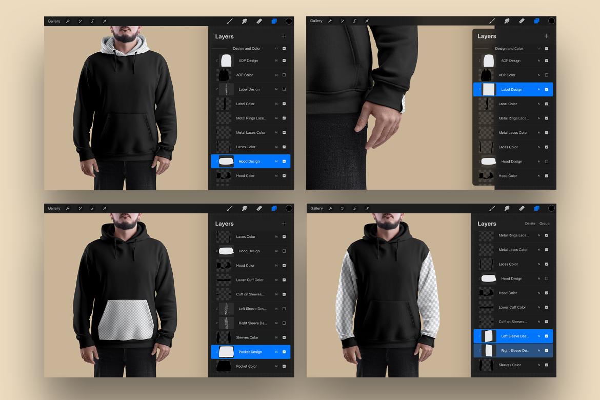 4 Mockups Oversize Hoodie. Front, Back and Side View for Procreate