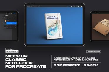   5 Mockups of Classic Notebook with Band and Hard Cover for Procreate on iPad