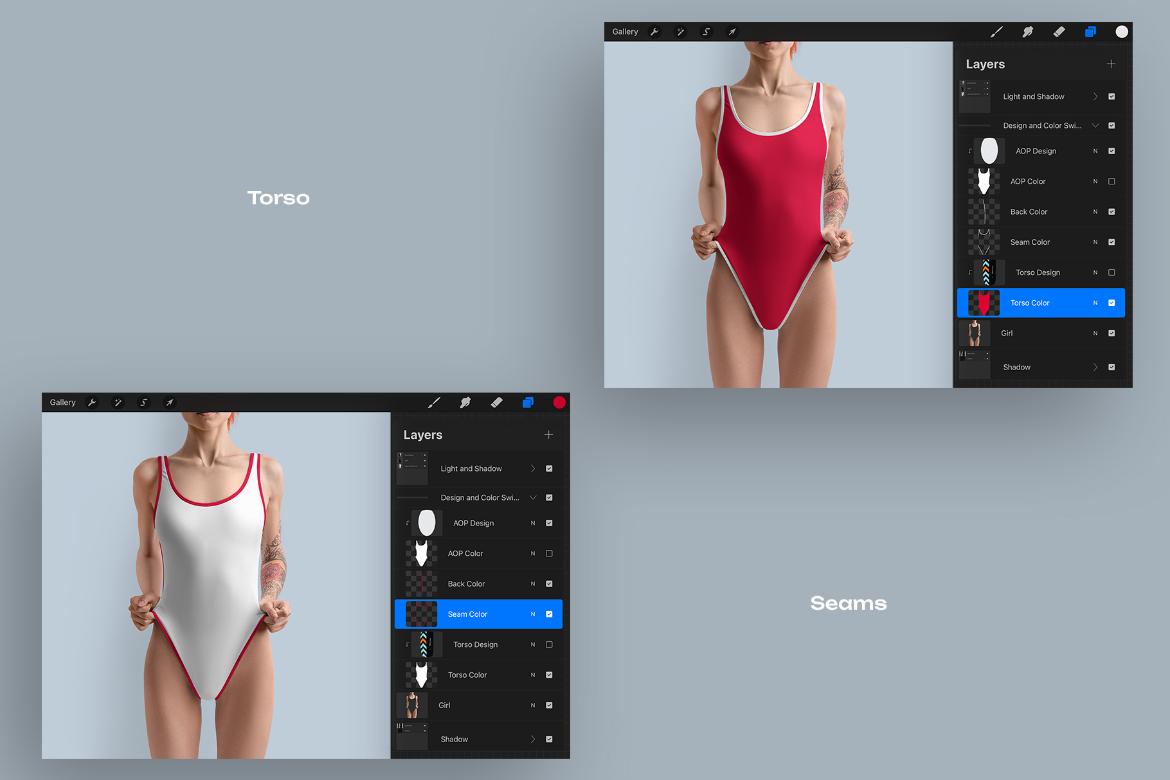 6 Mockups of a One Piece Sports Women's Swimsuit for Procreate on iPad