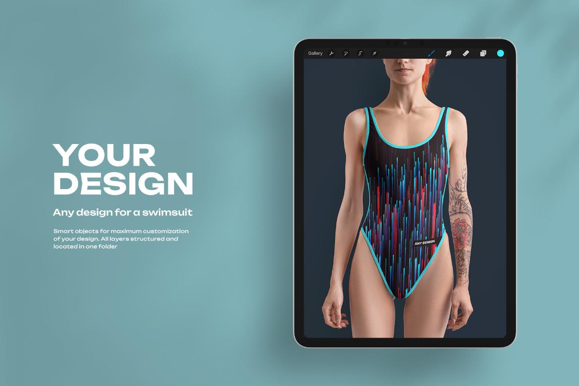 6 Mockups of a One Piece Sports Women's Swimsuit for Procreate on iPad
