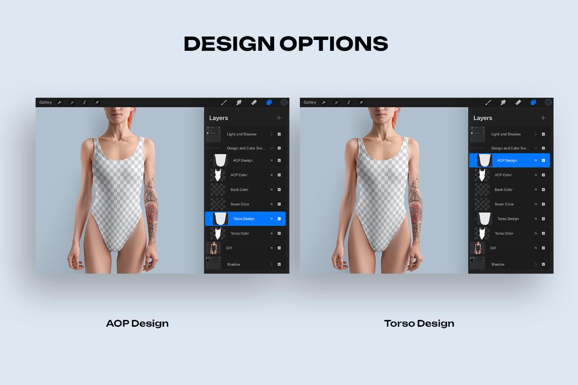 6 Mockups of a One Piece Sports Women's Swimsuit for Procreate on iPad