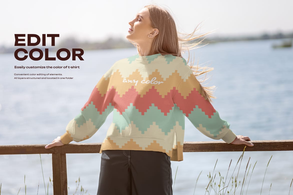 5 Mockups of Sweatshirts on the Girl on the Lake