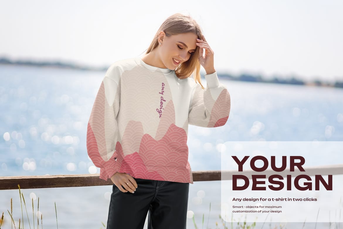 5 Mockups of Sweatshirts on the Girl on the Lake