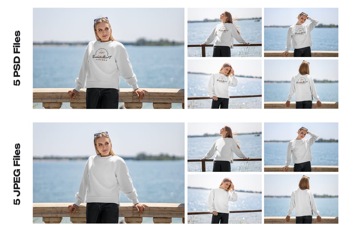 5 Mockups of Sweatshirts on the Girl on the Lake