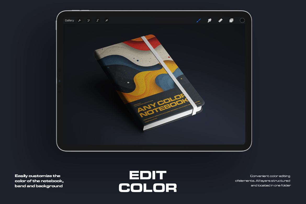 6 Mockups of Classic Notebook with Band and Hard Cover for Procreate