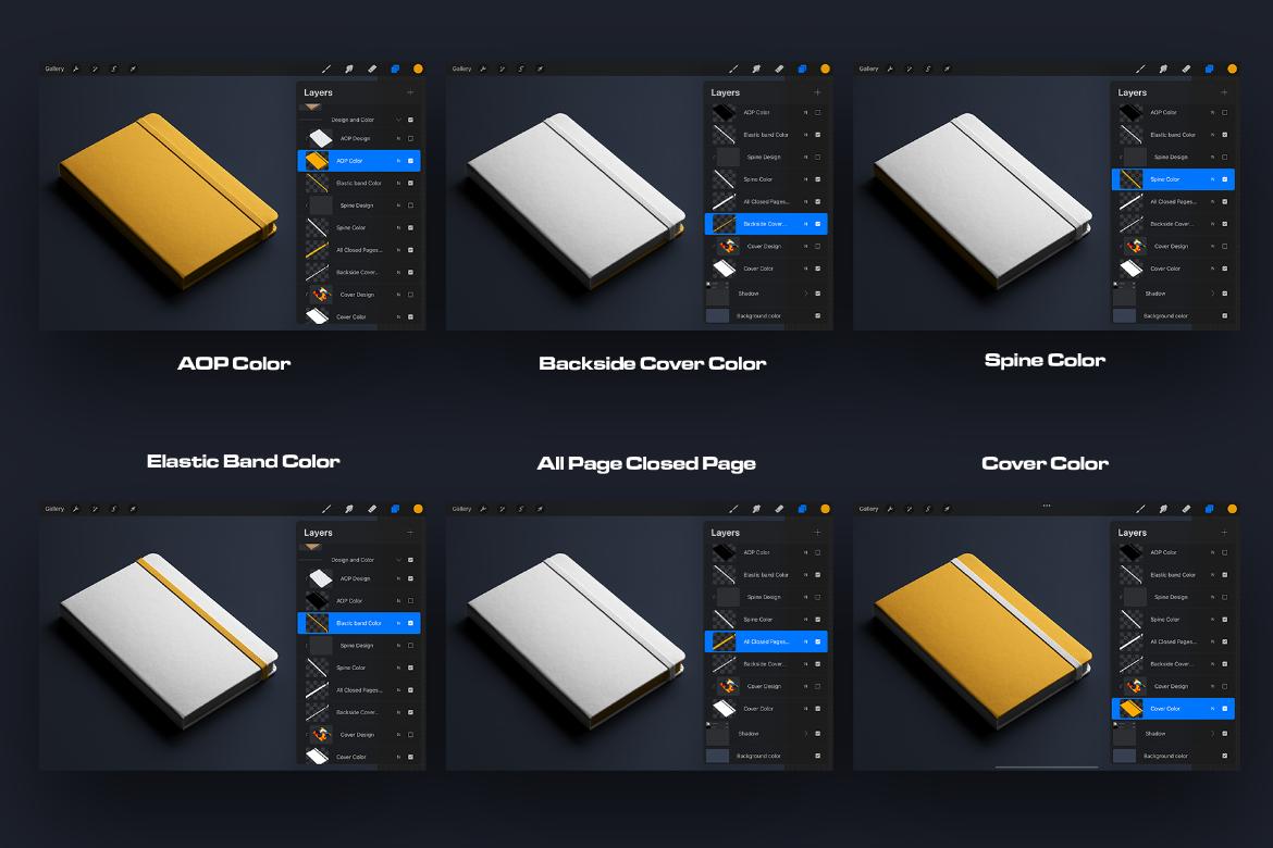 6 Mockups of Classic Notebook with Band and Hard Cover for Procreate